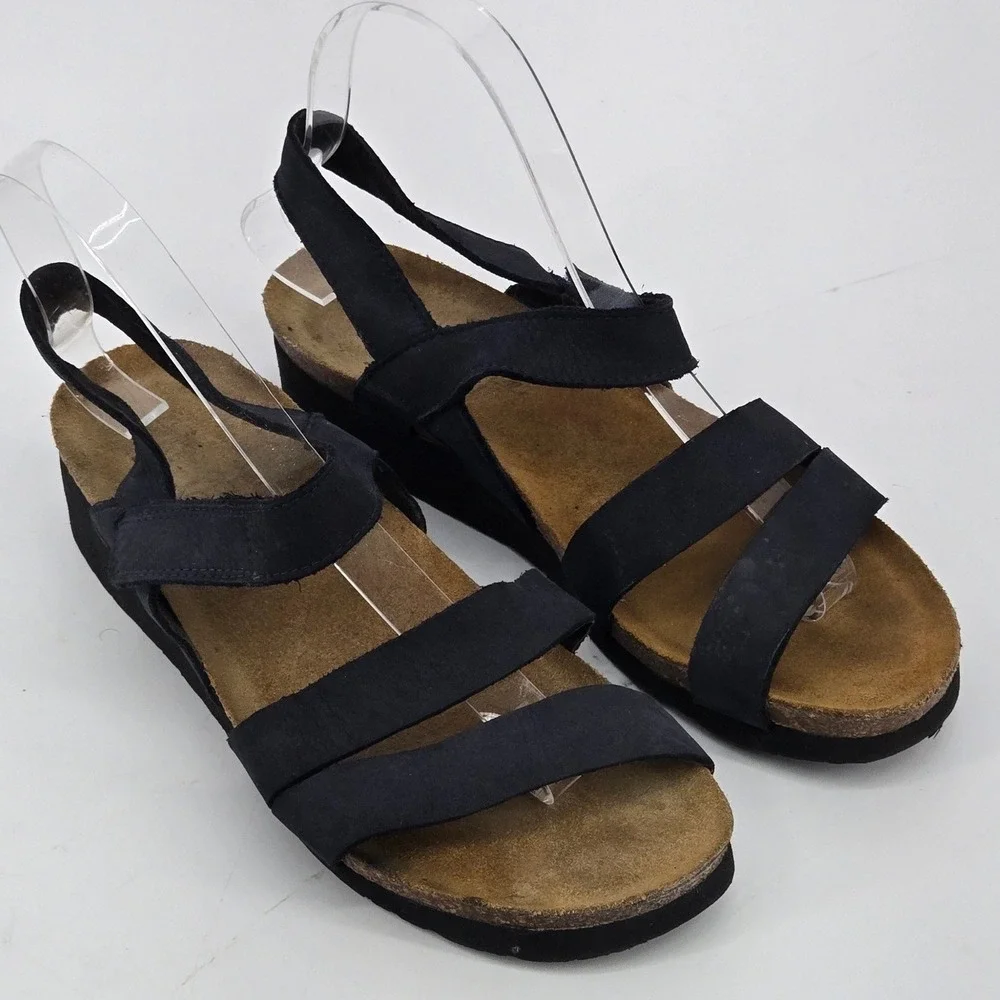 Naot Kayla Black Matte Strappy Cork Wedge Comfort Slingback Sandals Size EU 39